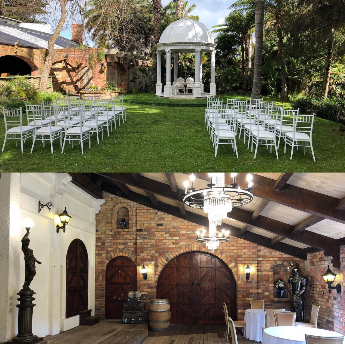 Outdoor ceremony setting with white gazebo and arranged chairs